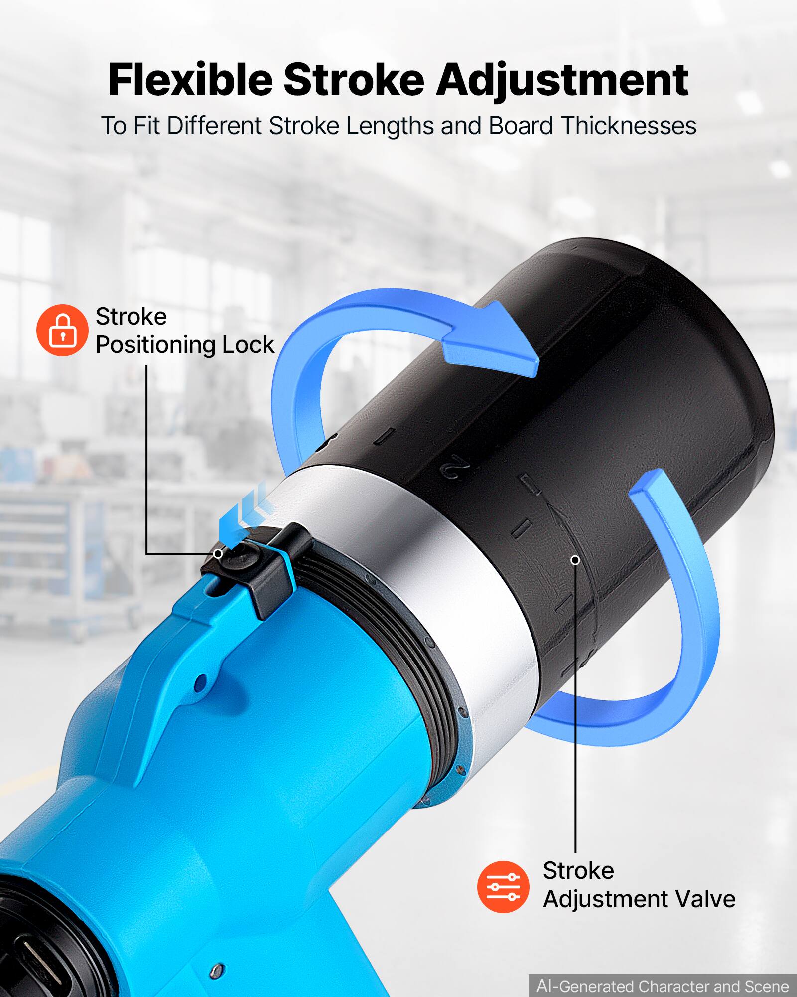 Flexible Stroke Adjustment To Fit Different Stroke Lengths and Board Thicknesses

Stroke Positioning Lock

Stroke Adjustment Valve

AI-Generated Character and Scene
