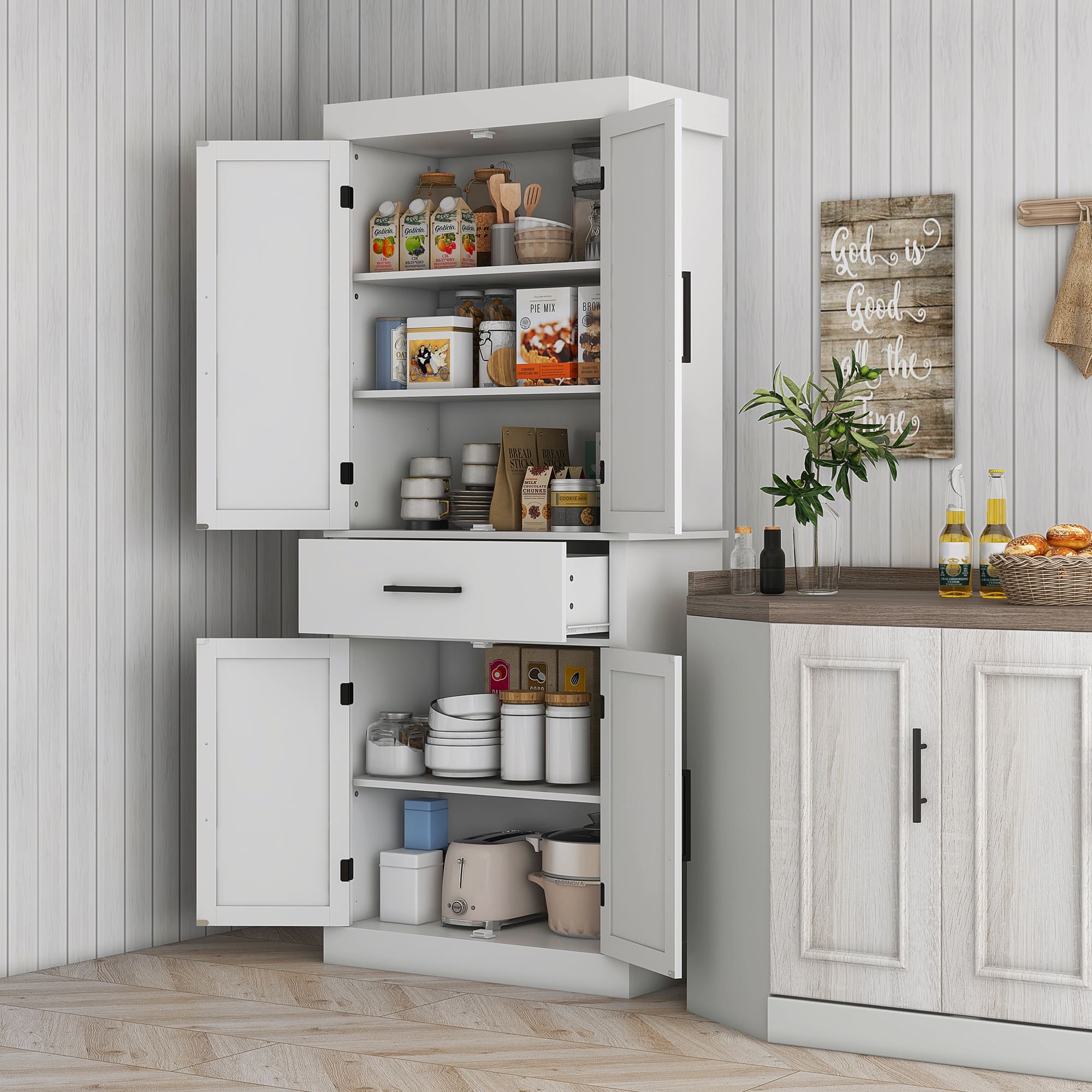 Homcom - 72" Kitchen Pantry Cabinet, Farmhouse Storage Cabinet with Barn Door, Drawer and 5-Tier Shelf, Freestanding Cupboard - White