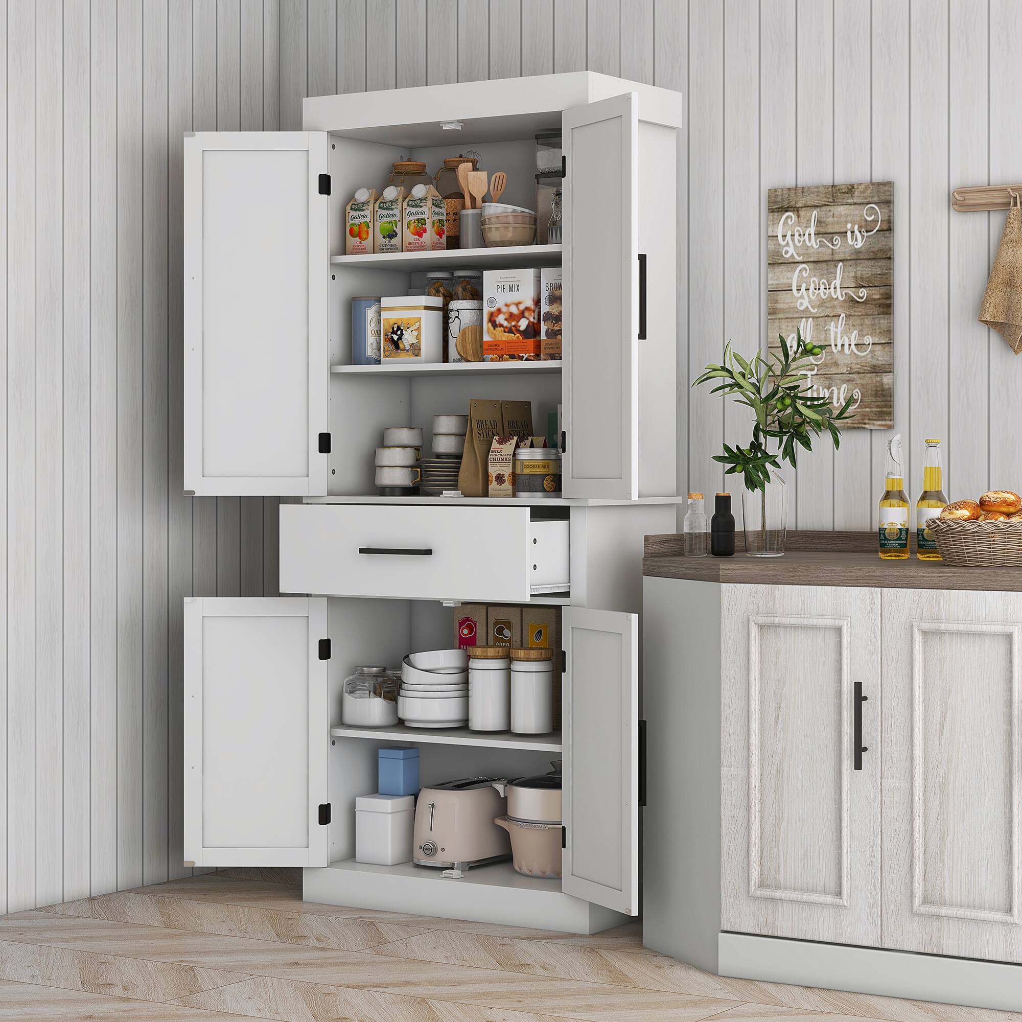 Homcom - 72" Kitchen Pantry Cabinet, Farmhouse Storage Cabinet with Barn Door, Drawer and 5-Tier Shelf, Freestanding Cupboard - White