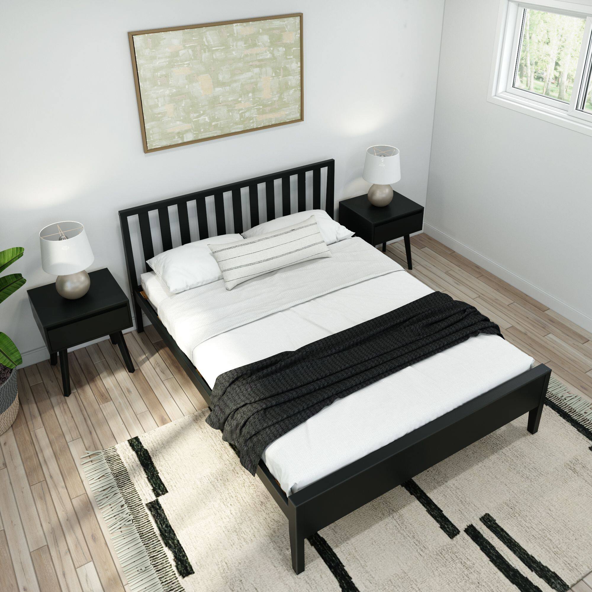 Alt View 5. Plank+Beam - Scandinavian Queen-Size Bed with Slatted Headboard, Black - Black.