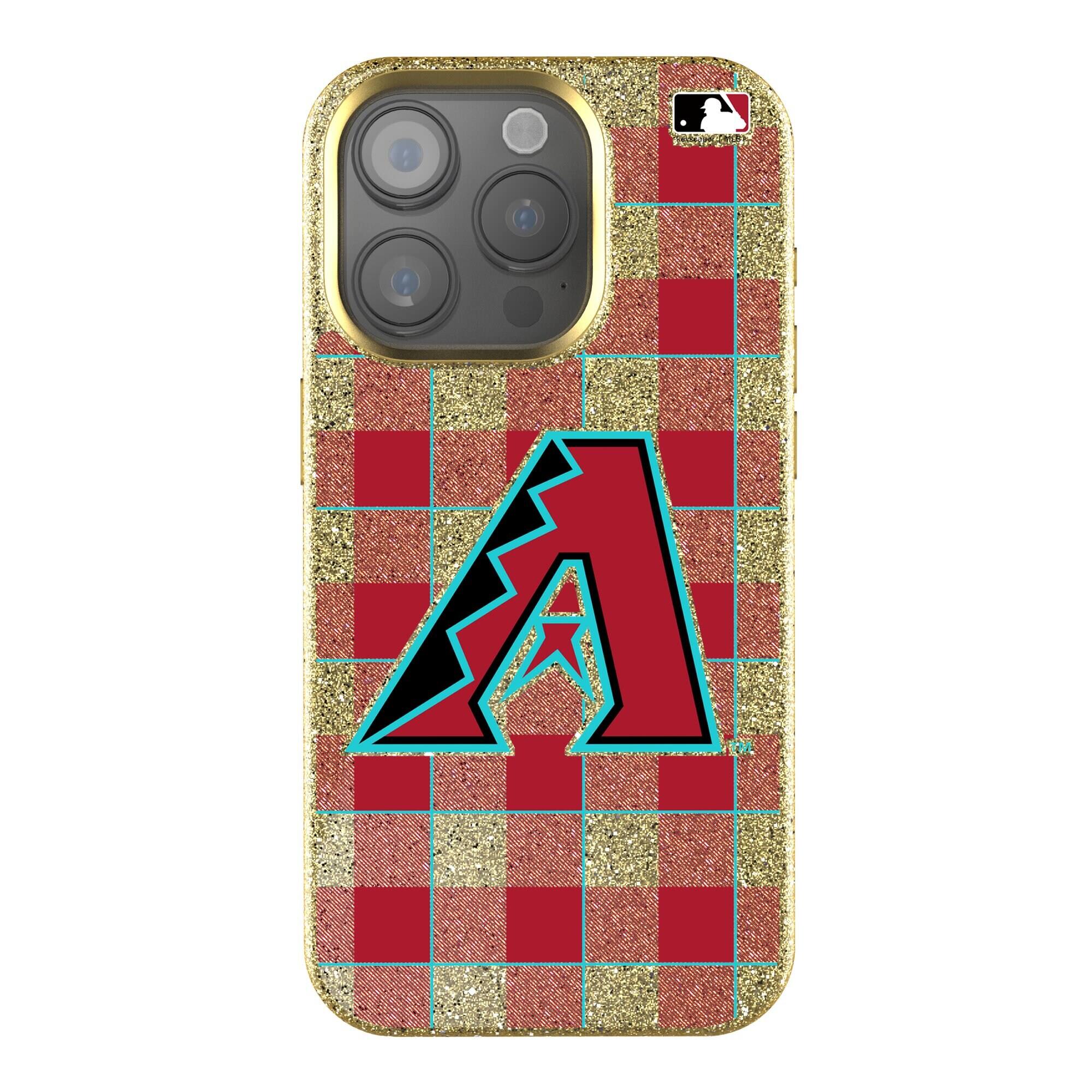 Front. Keyscaper - Arizona Diamondbacks Plaid Bling iPhone Case - 14 Plus - Gold.