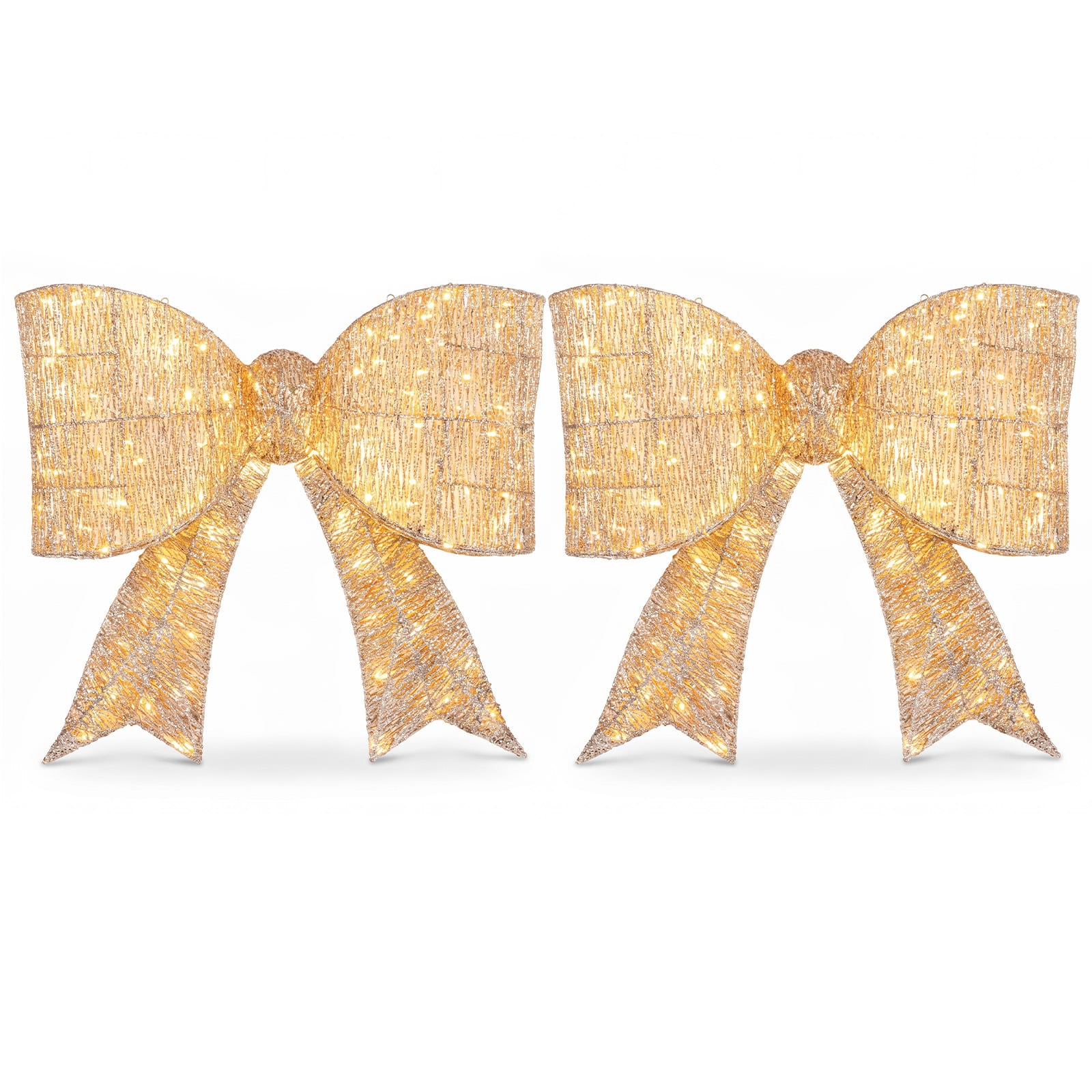 Costway - 2 PCS Christmas Lighted Bow Decoration 120 Pre-Lit Warm White LED Lights for Porch - Golden