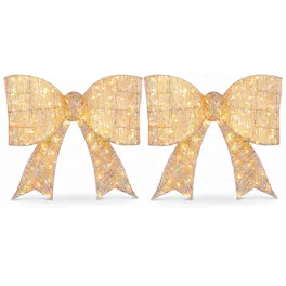 Costway - 2 PCS Christmas Lighted Bow Decoration 120 Pre-Lit Warm White LED Lights for Porch - Golden