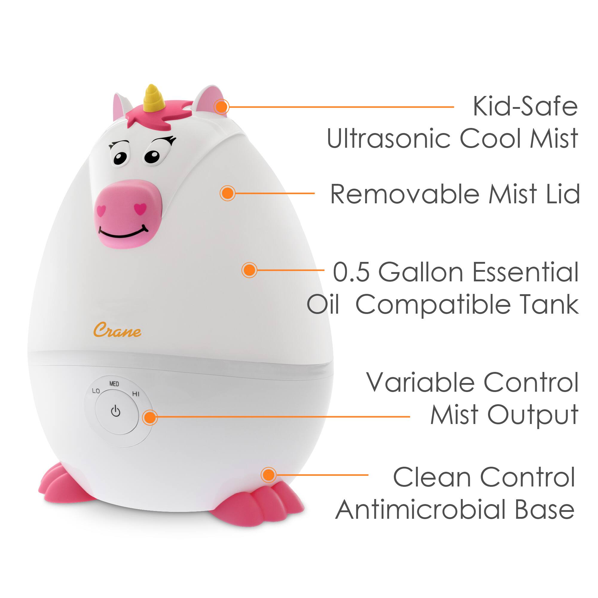The image features a white Crane cool mist humidifier with various parts labeled. It is designed to be kid-safe and has an ultrasonic cool mist function. The removable mist lid ensures easy cleaning and maintenance. The humidifier has a 0.5-gallon essential oil-compatible tank, which allows for the use of different oils. The humidifier also has a variable control mist output, which allows users to adjust the amount of mist produced. Additionally, the humidifier is equipped with a clean control antimicrobial base, which helps prevent the growth of bacteria and mold.