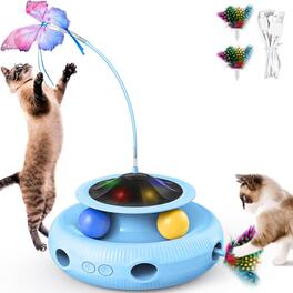 Pawtners - Interactive Cat Toy 3-in-1 Automatic Indoor Kitten Toy with Rechargeable Battery, Butterfly, Track Ball, and Feather - Blue