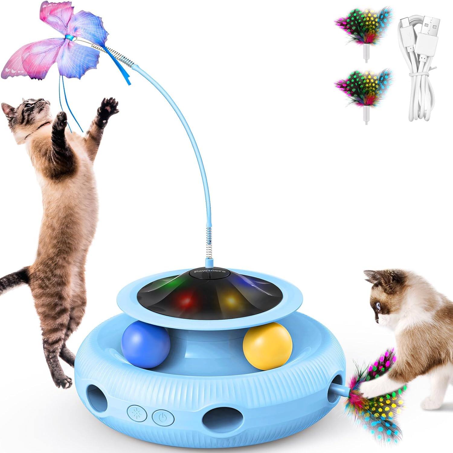 Front. Pawtners - Interactive Cat Toy 3-in-1 Automatic Indoor Kitten Toy with Rechargeable Battery, Butterfly, Track Ball, and Feather - Blue.
