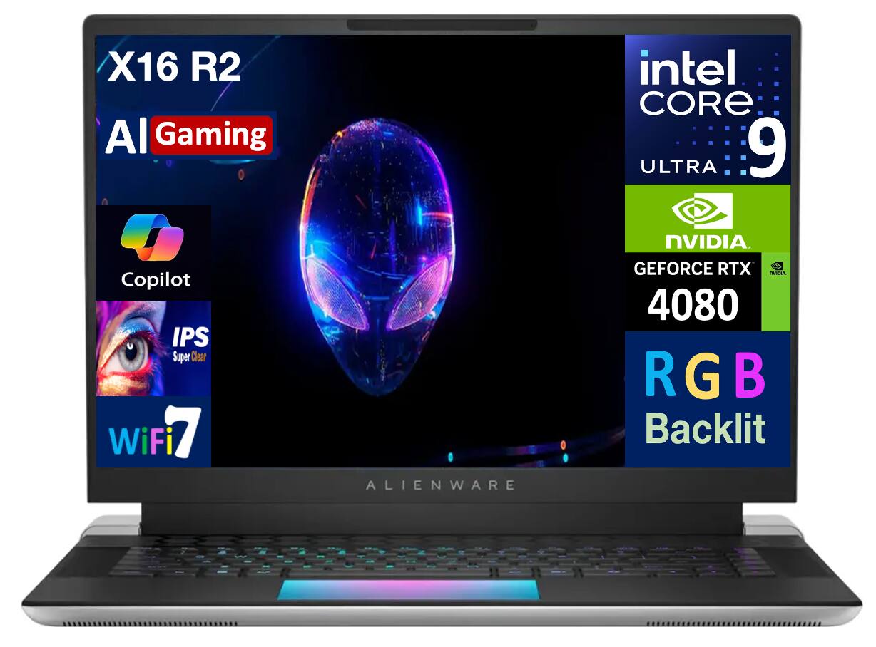 X16 R2  
AI Gaming  
Copilot  
Intel Core Ultra 9  
NVIDIA GeForce RTX 4080  
IPS Super Clear  
WiFi 7  
RGB Backlit  
Alienware