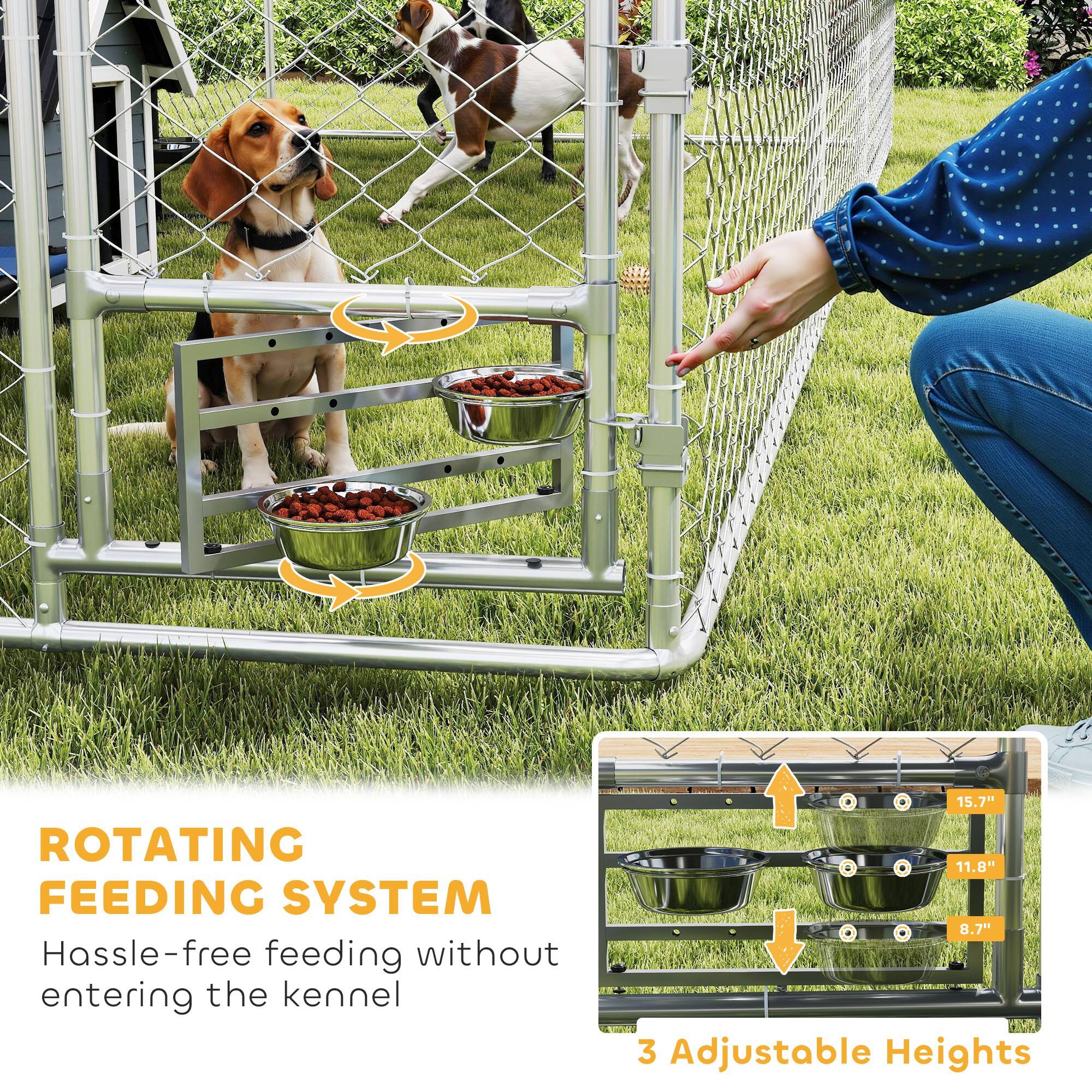 ROTATING FEEDING SYSTEM  
Hassle-free feeding without entering the kennel  

3 Adjustable Heights  

15.7"  
11.8"  
8.7"