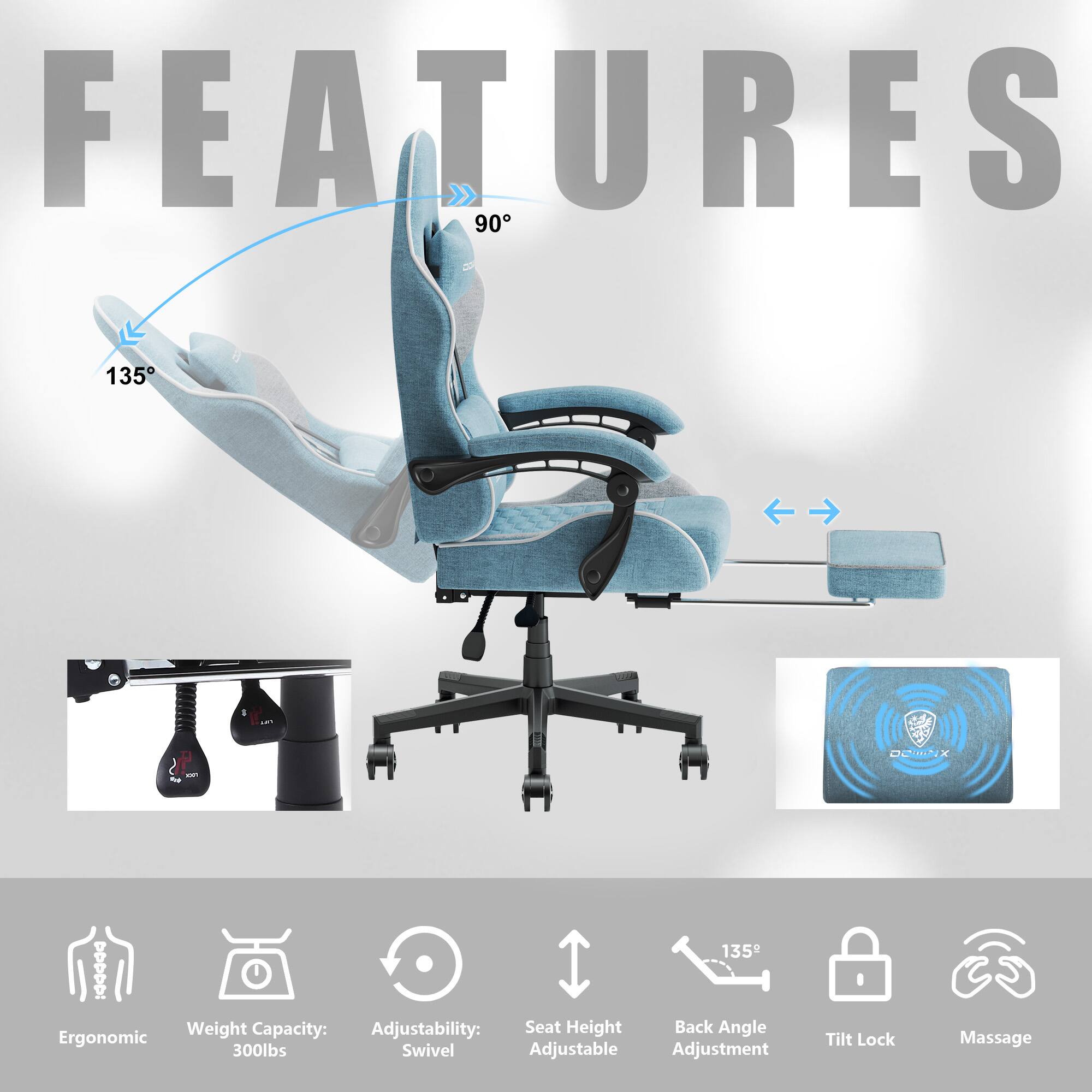 FEATURES

- Weight Capacity: 300lbs
- Adjustability: Swivel
- Seat Height Adjustable
- Back Angle Adjustment: 90° - 135°
- Tilt Lock
- Massage
- Ergonomic