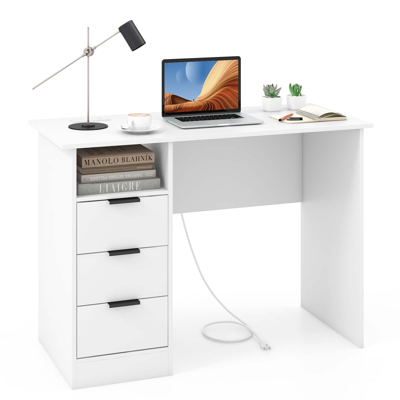 Costway - 42.5" Computer Desk with Built-in Charge Station 3 Drawers & Open Shelf - White