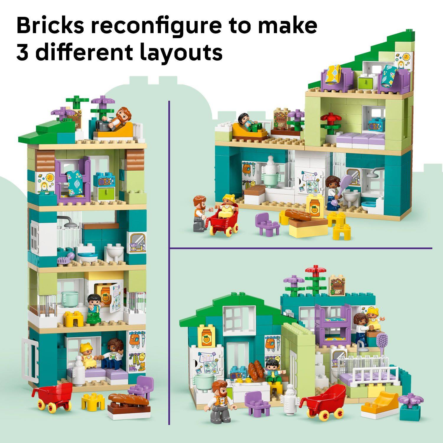 Bricks reconfigure to make 3 different layouts