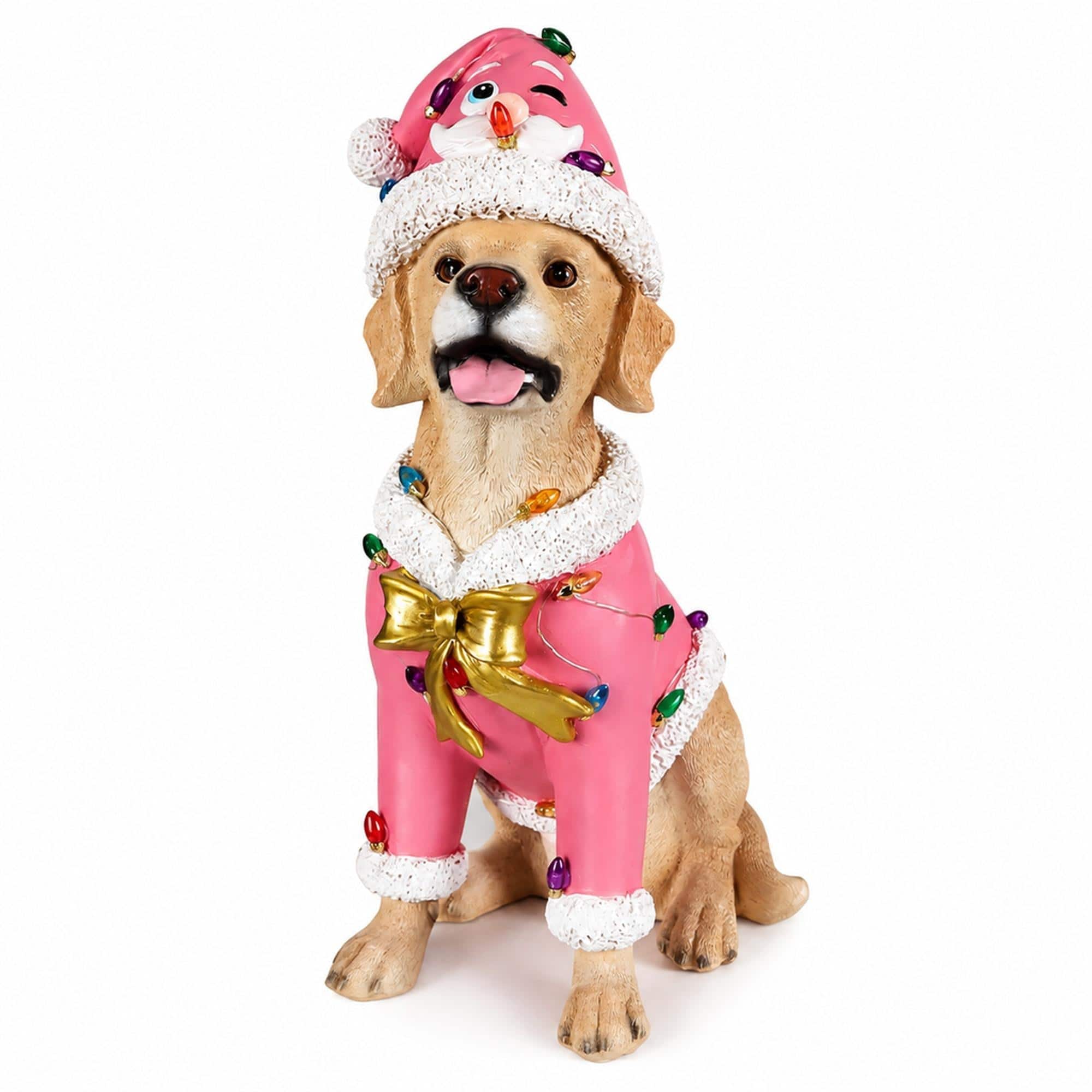 Front. RYHNUYNE - Christmas Labrador Retriever Statue in Pink Santa Outfit for Holiday Home Decor Display - Brown.