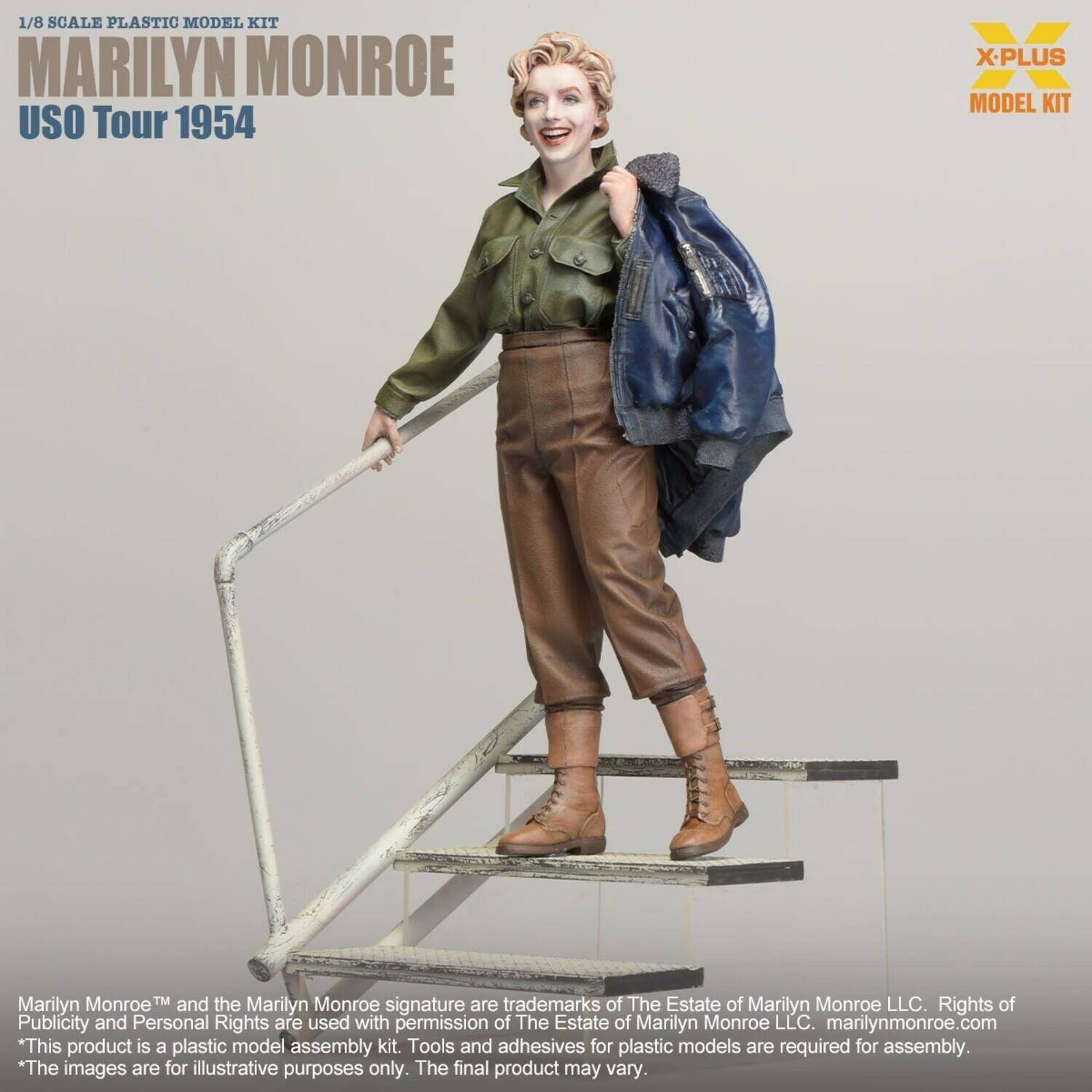 1/8 SCALE PLASTIC MODEL KIT  
MARILYN MONROE  
USO Tour 1954  

X-PLUS  
MODEL KIT  

Marilyn Monroe™ and the Marilyn Monroe signature are trademarks of The Estate of Marilyn Monroe LLC. Rights of Publicity and Personal Rights are used with permission of The Estate of Marilyn Monroe LLC. marilynmonroe.com  

*This product is a plastic model assembly kit. Tools and adhesives for plastic models are required for assembly.  
*The images are for illustrative purposes only. The final product may vary.