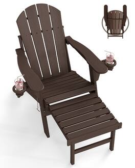 FODINGHILL - Folding Adirondack Chair with Retractable Ottoman, Wood Grain, HDPE All-Weather Construction & Cup Holders - Dark Brown