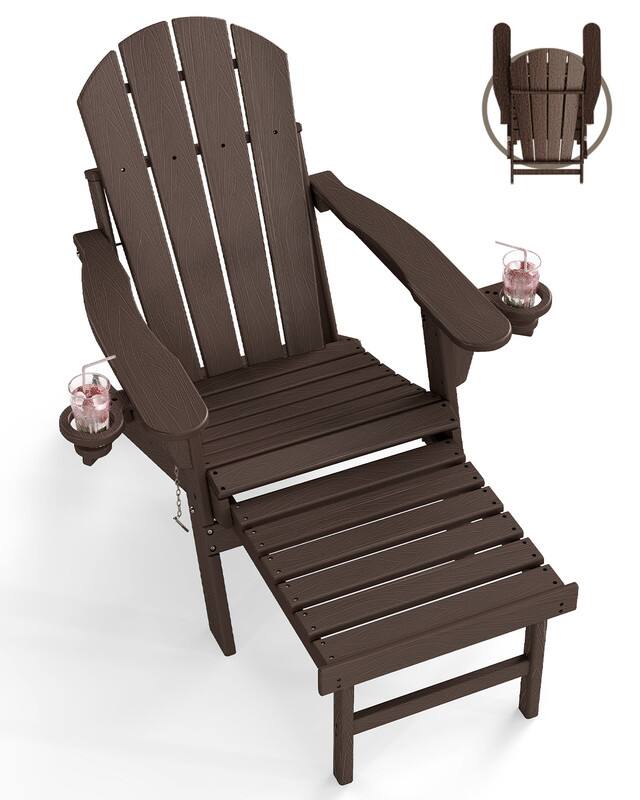 Front. FODINGHILL - Folding Adirondack Chair with Retractable Ottoman, Wood Grain, HDPE All-Weather Construction & Cup Holders - Dark Brown.