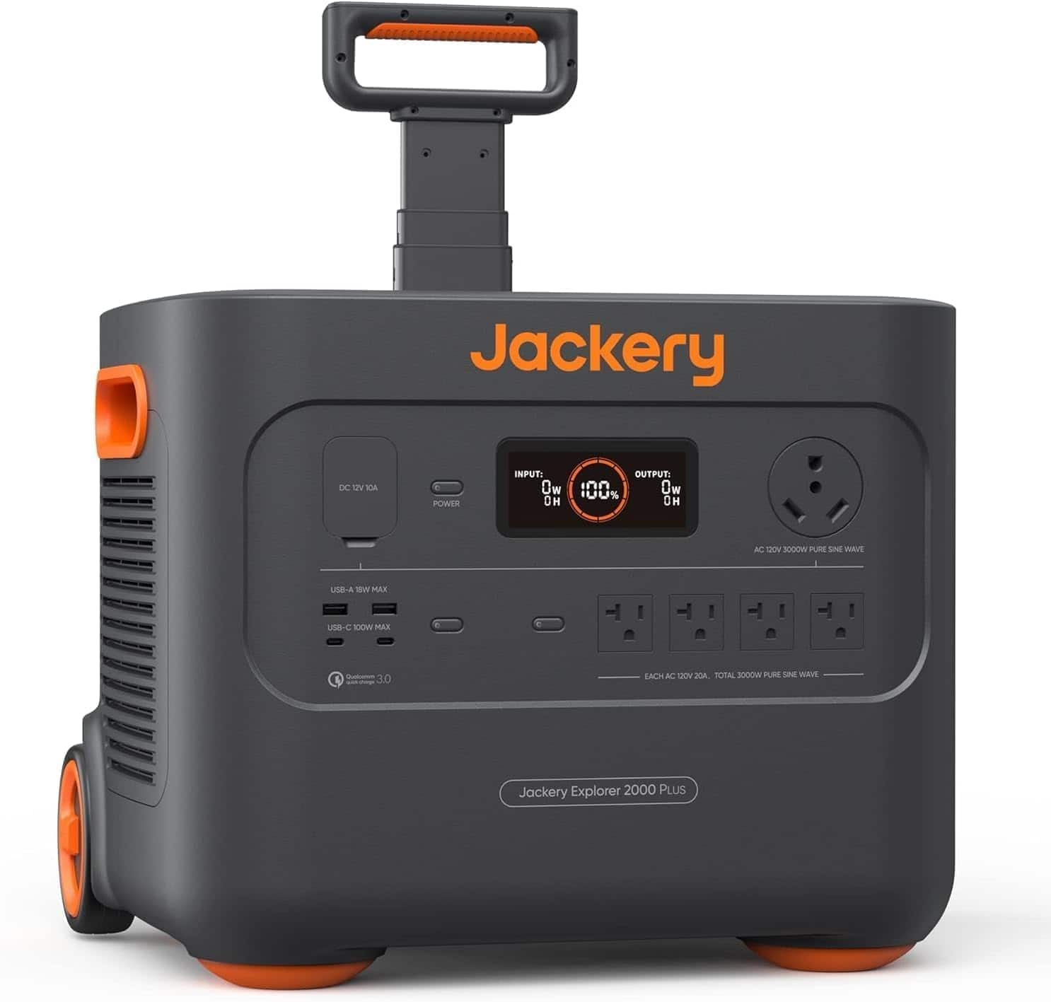 Jackery DC 1V ICA POWER INPUT: 0W OUTPUT. 0W IC s 300W PURE SINE WAVE USB-A -V MAX USB-C 100W MAX A 3.0 EACH AC MV J0A TOTAL 3000W PURE SINE WAVE Jackery Explorer 2000 PLUS