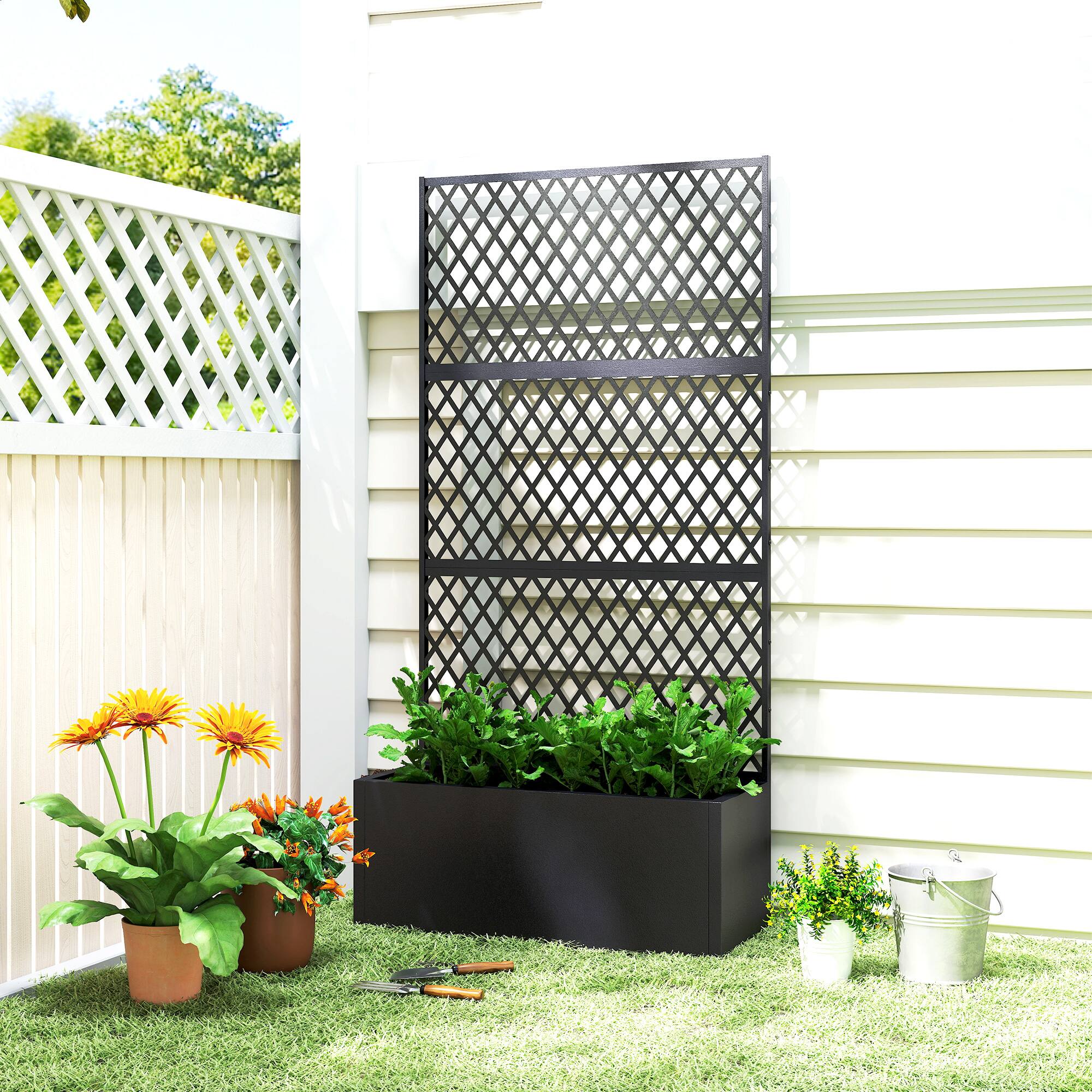 Alt View 8. Outsunny - Metal Planter Box with Trellis, Raised Garden Bed with Trellis Privacy Screen and Drainage Holes for Climbing Plants.