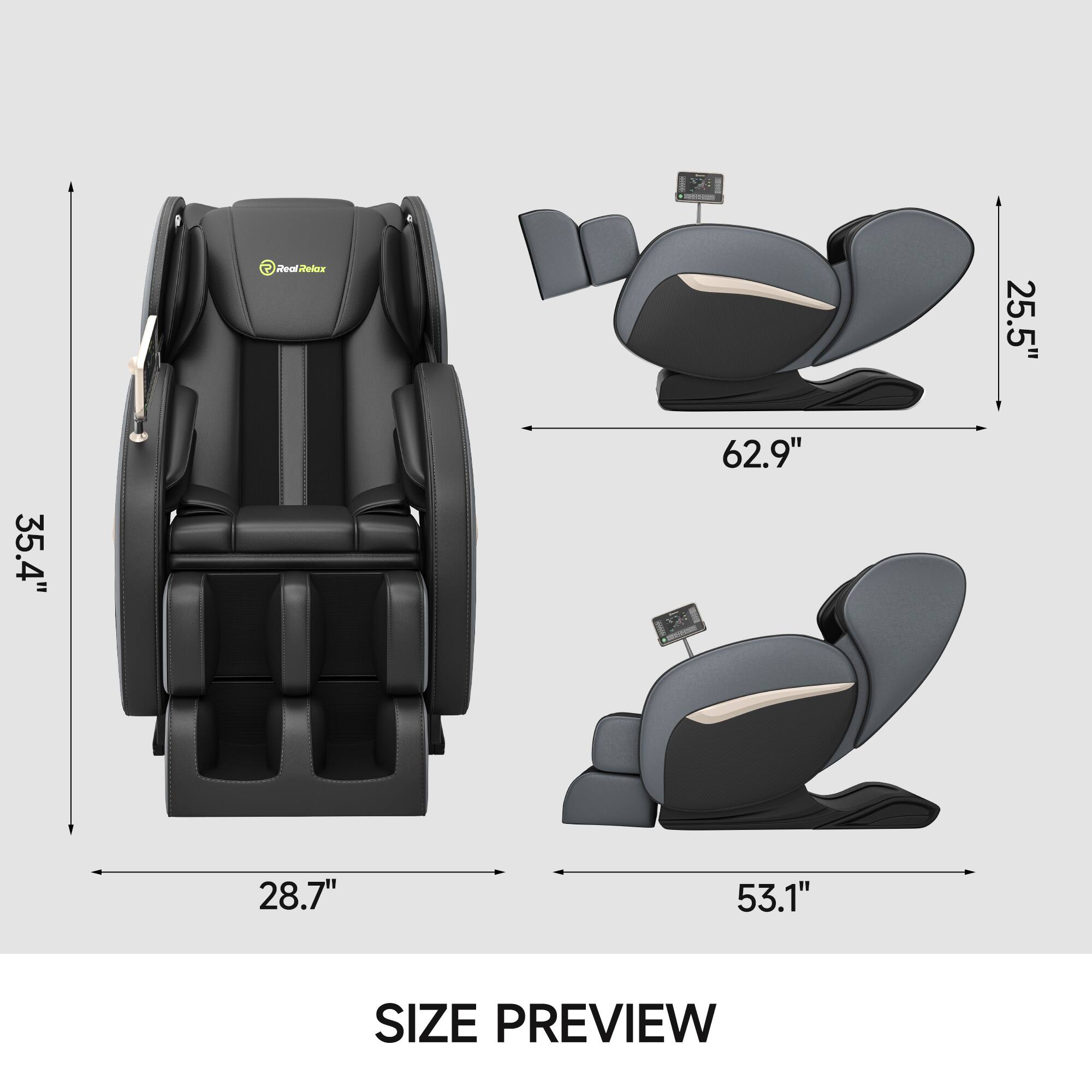 - Height: 35.4"
- Width: 28.7"
- Depth (reclined): 62.9"
- Depth (footrest): 53.1"
- Footrest height: 25.5"

SIZE PREVIEW