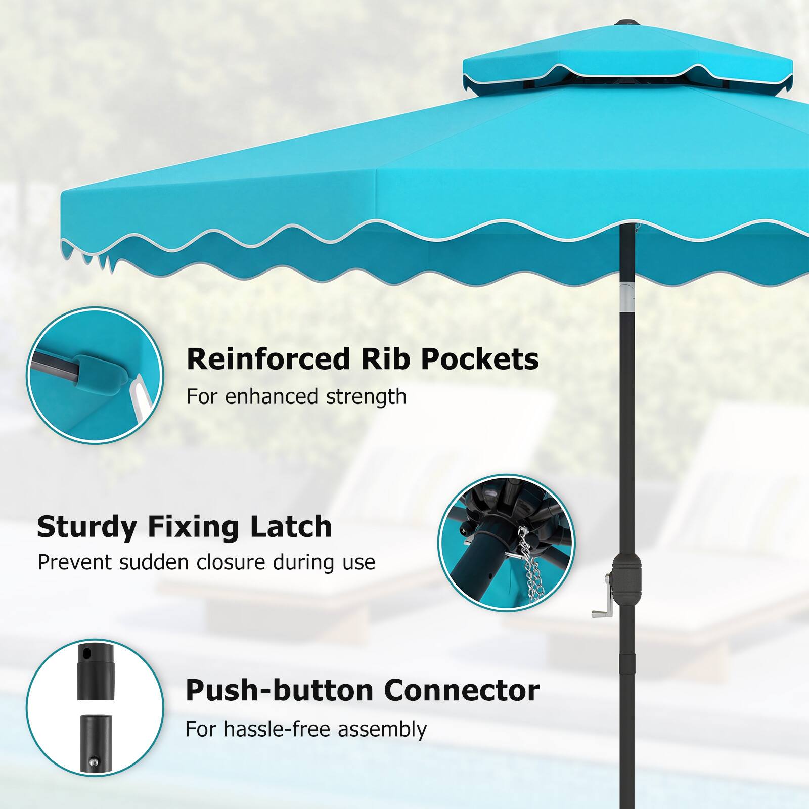 Reinforced Rib Pockets  
For enhanced strength  

Sturdy Fixing Latch  
Prevent sudden closure during use  

Push-button Connector  
For hassle-free assembly