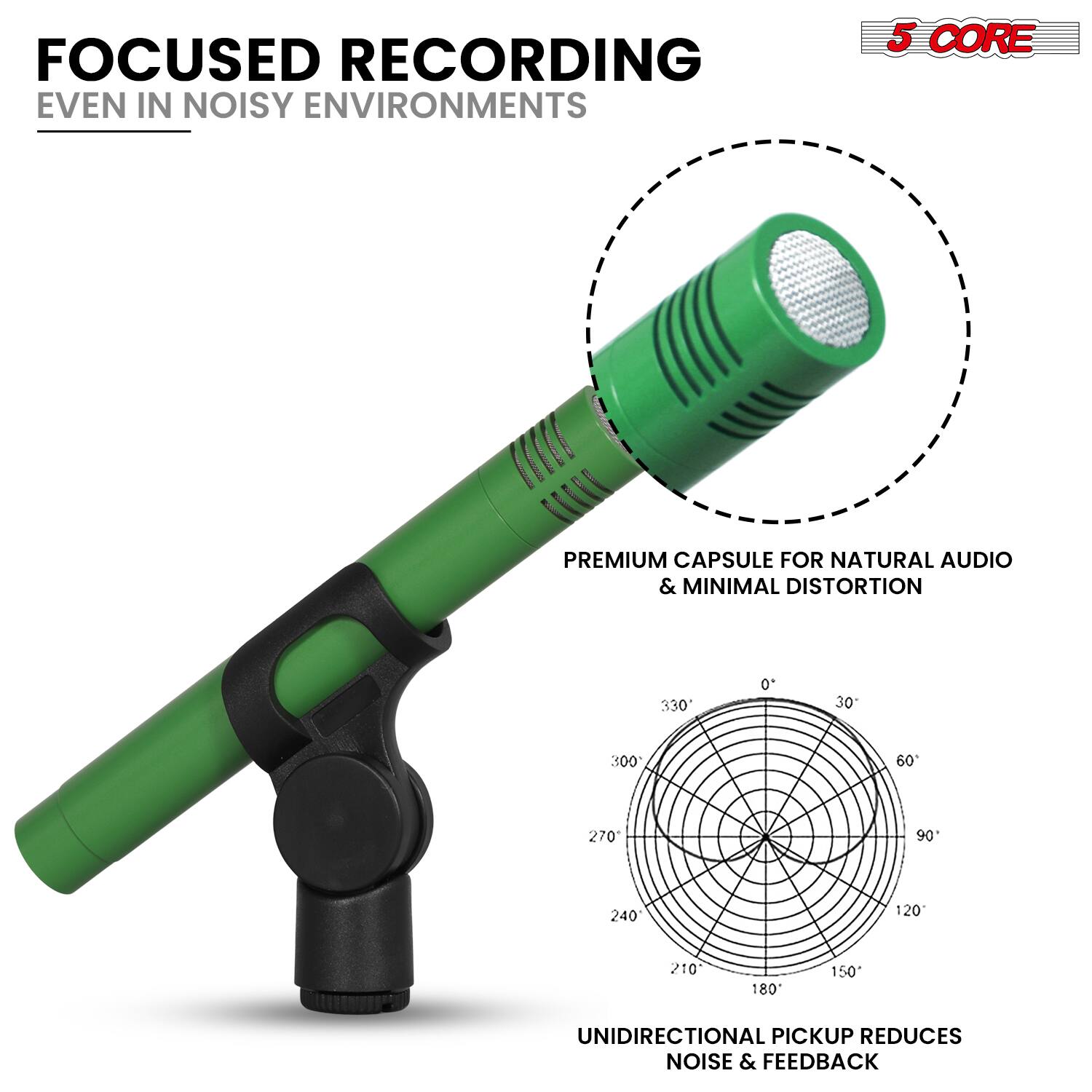 FOCUSED RECORDING  
EVEN IN NOISY ENVIRONMENTS  

5 CORE PREMIUM CAPSULE FOR NATURAL AUDIO & MINIMAL DISTORTION  

UNIDIRECTIONAL PICKUP REDUCES NOISE & FEEDBACK