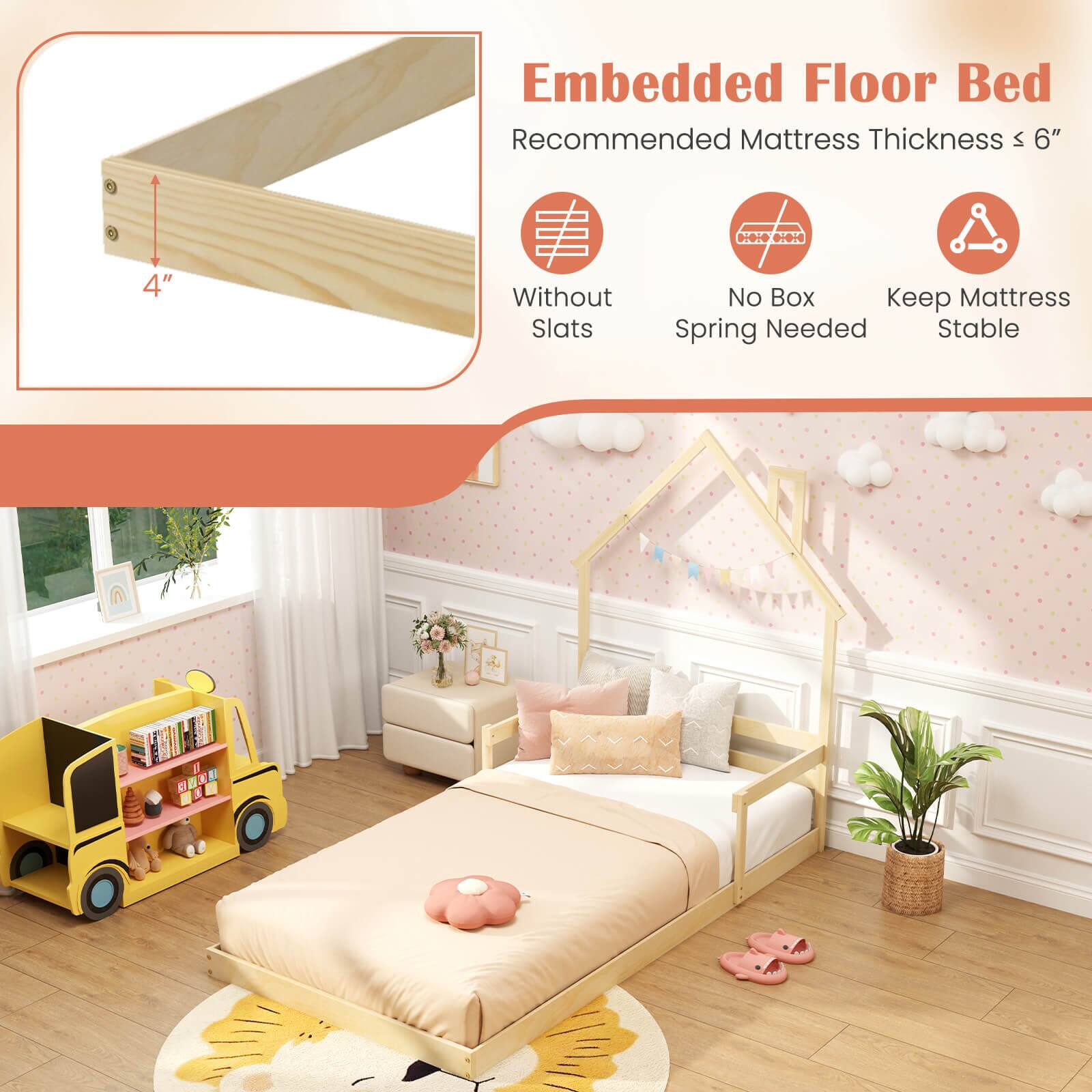 Embedded Floor Bed Recommended Mattress Thickness 6" c C No Box Keep Mattress Spring Needed Stable