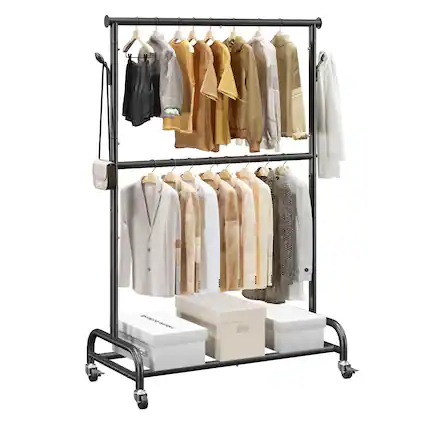 Front. VEVOR - Clothes Rack, Rolling Clothing Garment Rack with Adjustable Crossbar and Side Hooks, 150 lbs Load Capacity - Black.