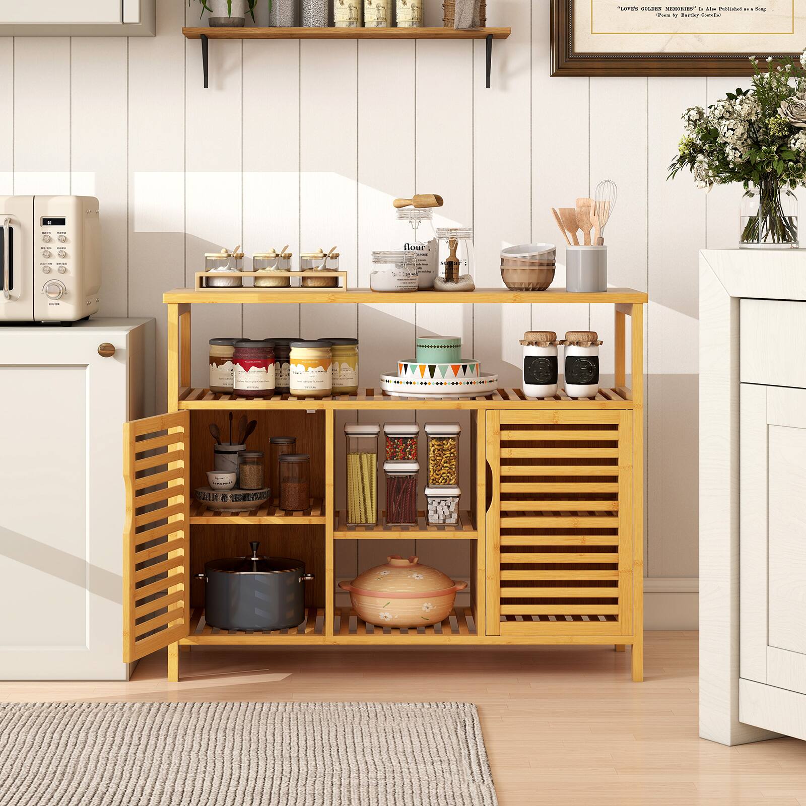 Sure, here is the corrected and grouped text from the image:

---

**Top Shelf:**
- (Various jars and containers)

**Middle Shelf:**
- Flour
- (Various jars and containers)

**Bottom Shelf:**
- (Various jars and containers)
- (Wooden pot with lid)

**Text on the Picture:**
- "LOVE'S GOLIEN MENIG" - "Alo Pahalik" - "Sing"
- "Pem by Baratrye Castel"

---