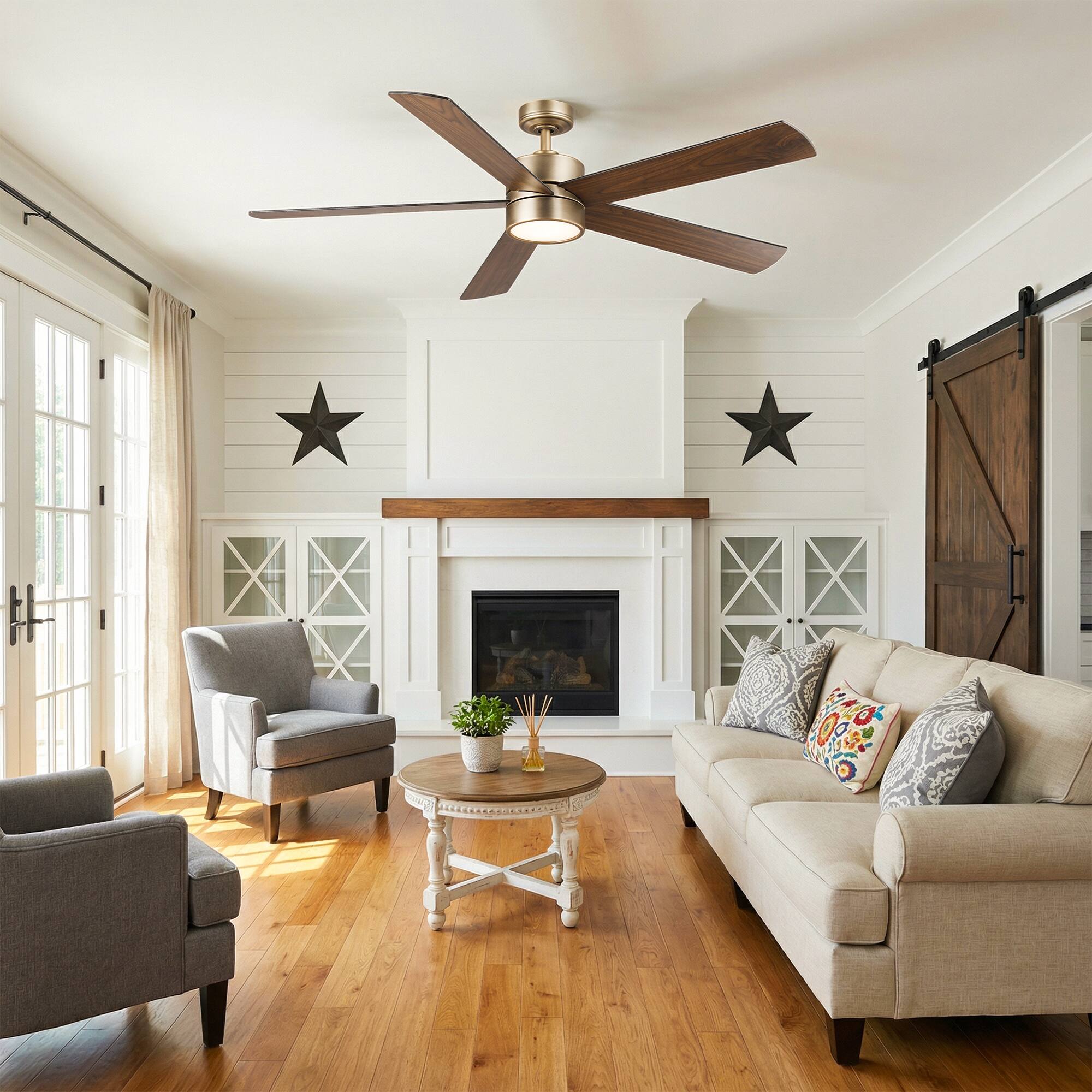 Angle. Parrot Uncle - 60" Modern Natural Brass Integrated LED Ceiling Fan with Light and Remote - Brass.