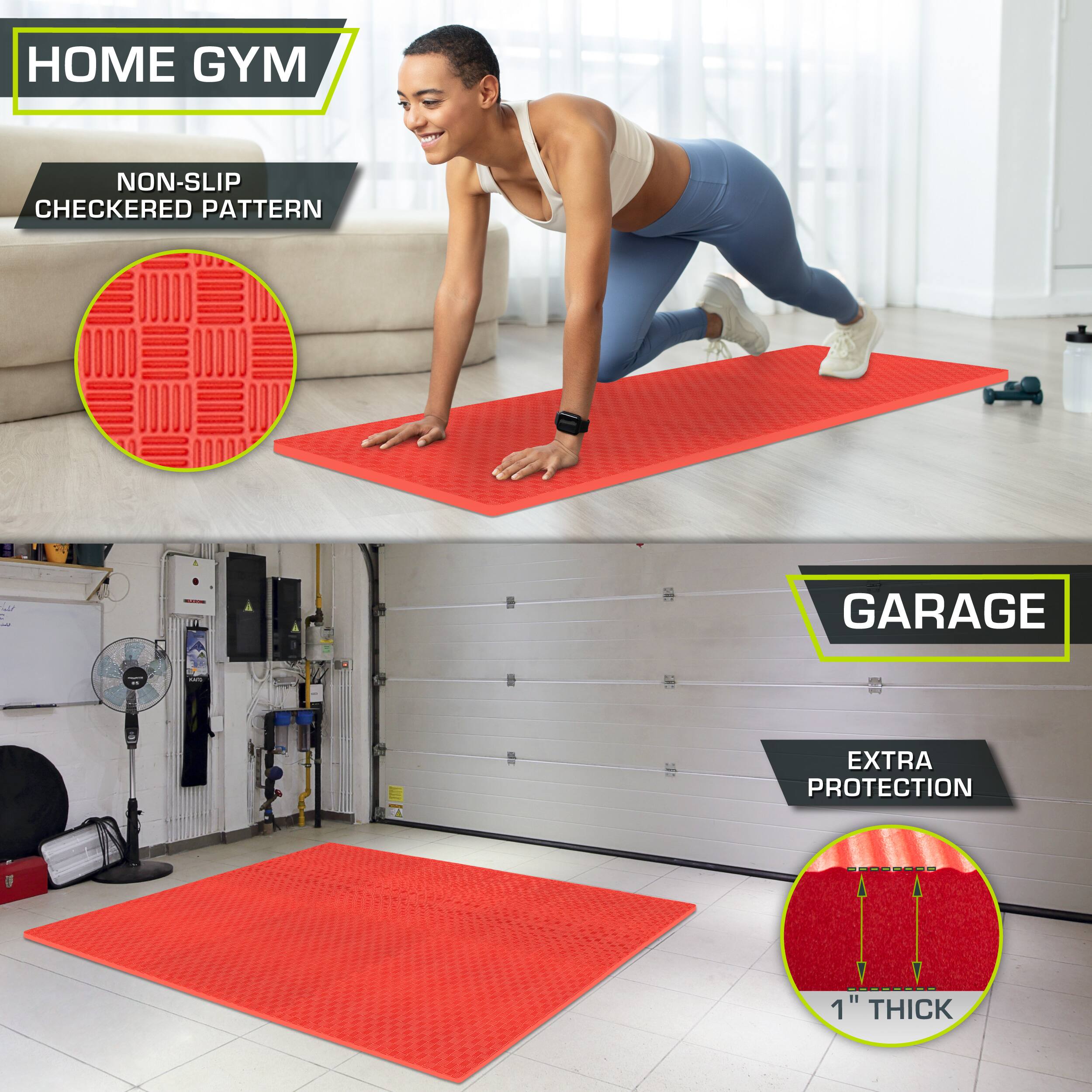 The text in the image can be grouped and corrected as follows:

- **Home Gym**
  - Non-slip checkerboard pattern

- **Garage**
  - Extra protection
  - 1" thick
