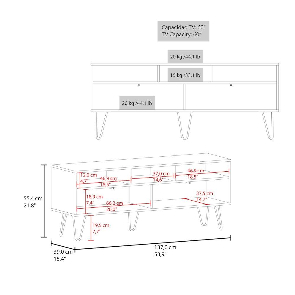 Capacidad TV: 60"  
TV Capacity: 60"  

20 kg / 44,1 lb  
15 kg / 33,1 lb  

55,4 cm / 21,8"  
12,0 cm / 4,7"  
18,9 cm / 7,4"  
66,2 cm / 26,0"  
37,0 cm / 14,6"  
46,9 cm / 18,5"  
37,5 cm / 14,7"  
19,5 cm / 7,7"  
39,0 cm / 15,4"  
137,0 cm / 53,9"