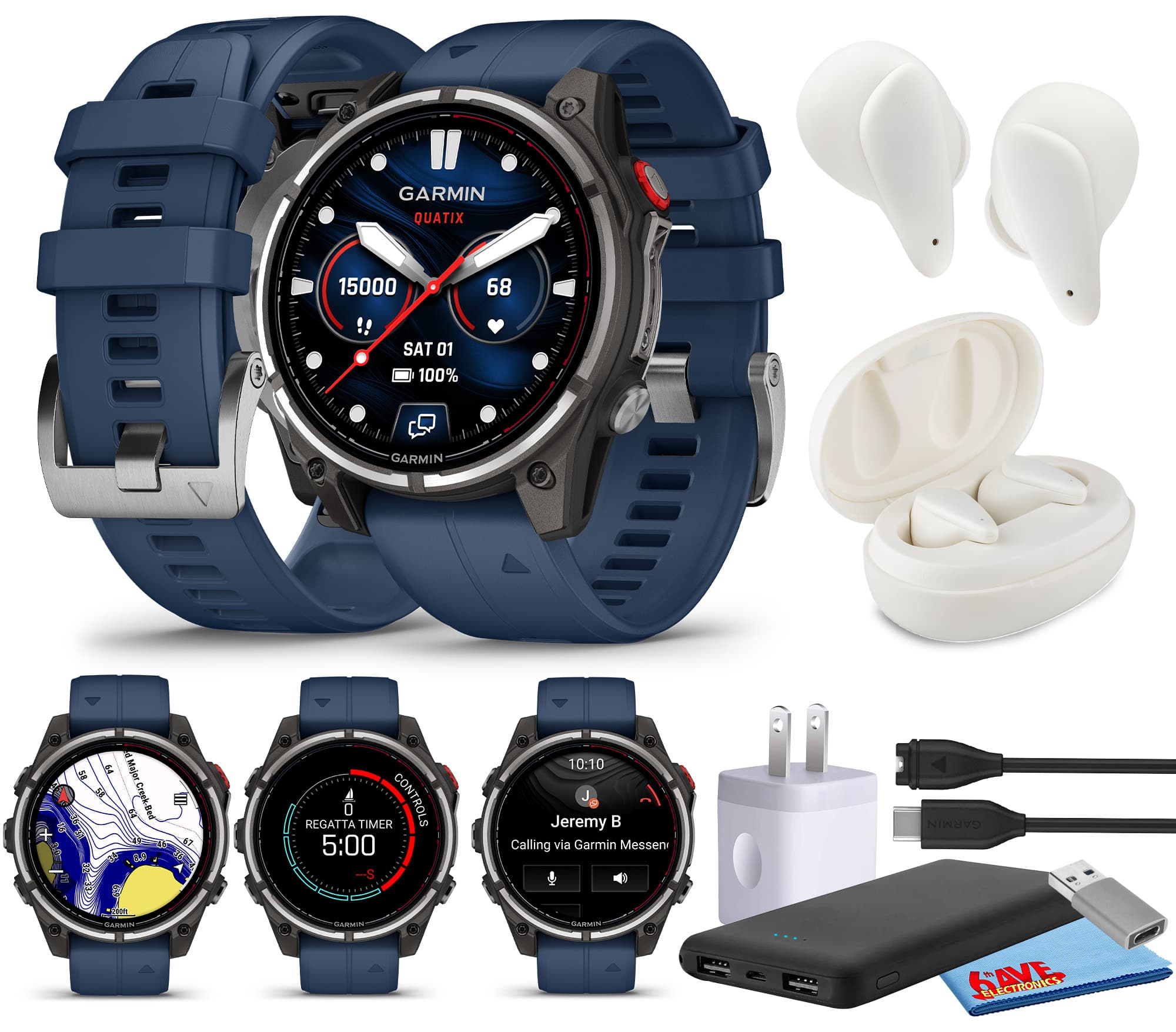 Bundle - Garmin - quatix 8 Pro 47mm Smartwatch P-Bank + Earbuds - Black - (2025)