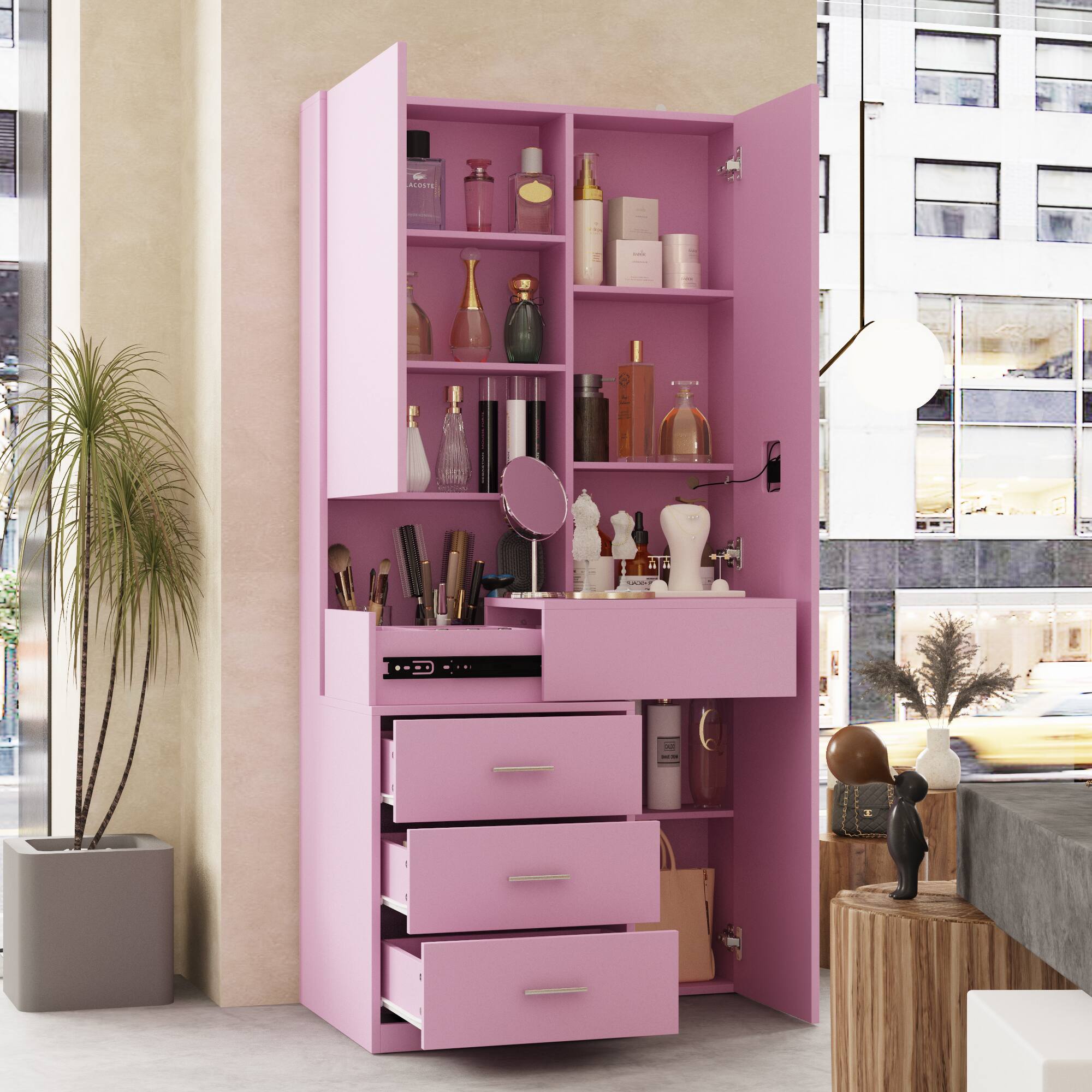Back. Famapy - Pink Vanity with LED Full-Length Mirror, Sliding Top Storage & Drawers, Makeup Organizer for Bedroom - Pink.