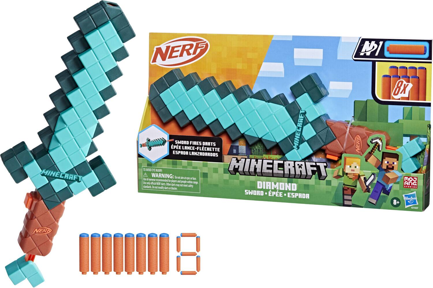 MINECRAFT  
NERF 1 8x PE SWORD LANCE-FLÉCHETTE FIRES DARTS MINECRAFT NERF ESPADA LANZADARDOS 10 AVOID WARNING: EYE INJURY: Do not aim at eyes or face. Use of eyes or face protection recommended for players and people within range. Use only official NERF darts. Other darts may not meet safety standards. Do not modify darts or blaster. SWORD PE ESPADA Hasbro 8+ G1437