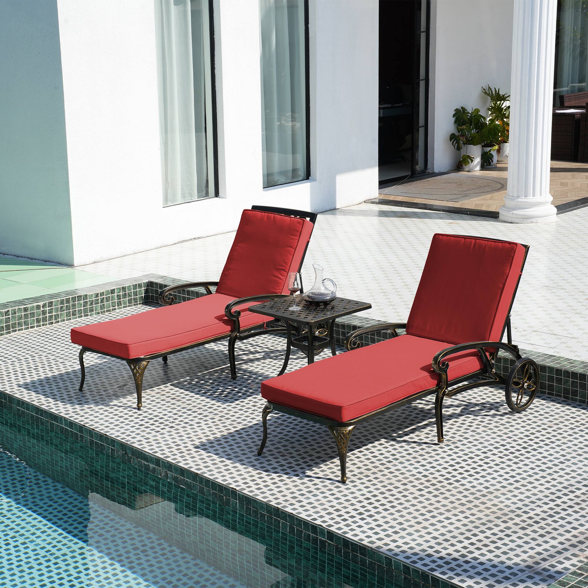 Back. Mondawe - 3-Piece Aluminum Reclining Chaise Lounge Set with ast Aluminum Side Table and Cushion - Bronze.