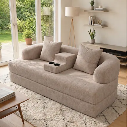 Front. Anysun - 2-in-1 Modern Curved Boneless Convertible Chenille Sleeper Sofa Bed with Cup Holders, for Small Spaces - Apricot.