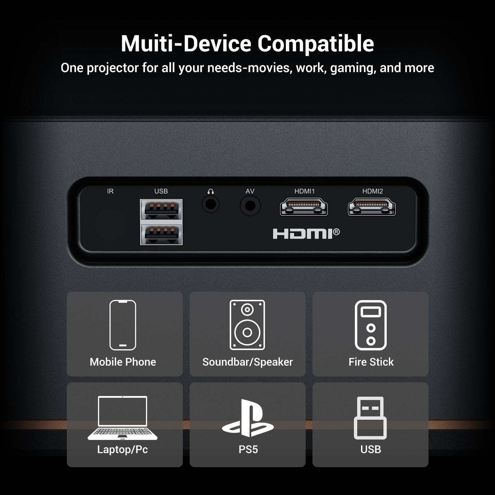 Multi-Device Compatible  
One projector for all your needs - movies, work, gaming, and more  

IR  
USB  
AV  
HDMI1  
HDMI2  

Mobile Phone  
Soundbar/Speaker  
Fire Stick  
Laptop/Pc  
PS5  
USB