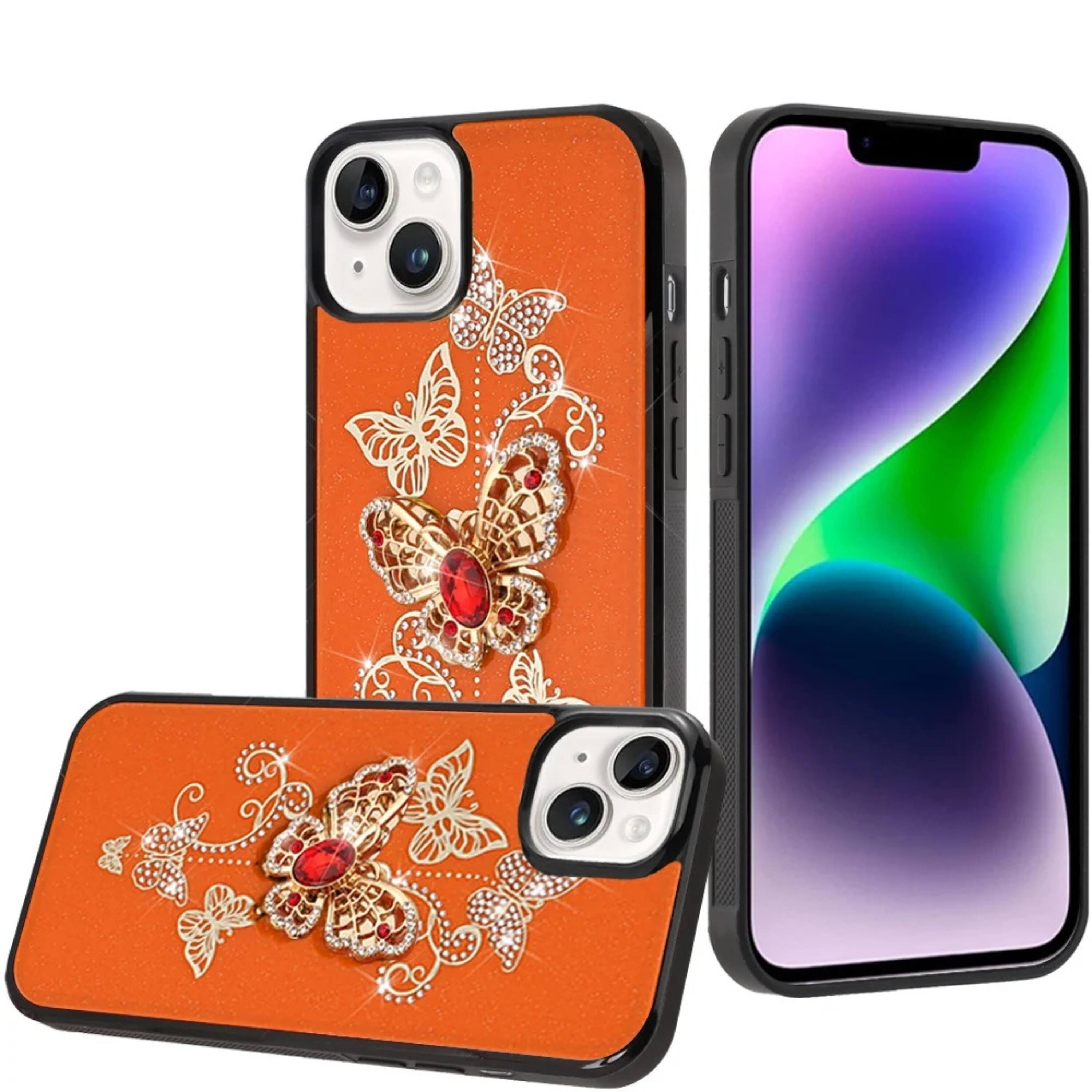 Front. Kitcheniva - Rhinestone Bling Decor Glitter Case With Tempered Glass For iPhone 13 14 Garden Orange - Orange.
