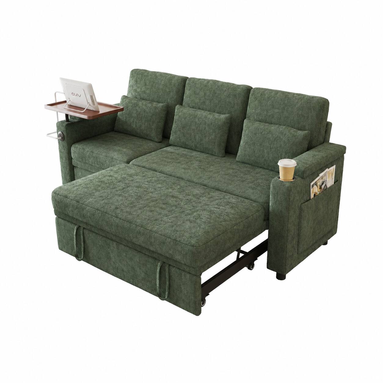 Alt View 1. Anysun - 81" 3-in-1 Foldable 3-Seater Sofa Bed, Table Board, USB Ports, Storage Armrests, Adjustable Backrest, Chenille - Green.