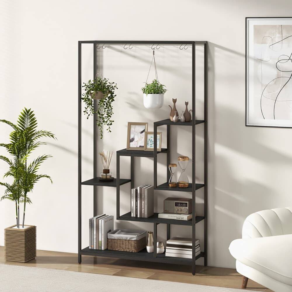 Alt View 4. Kadyn - 6-Tier Tall Plant Stand 71 Inch Metal Indoor Plant Shelf with 10 Hanging Hooks, Wood+Metal， Black.