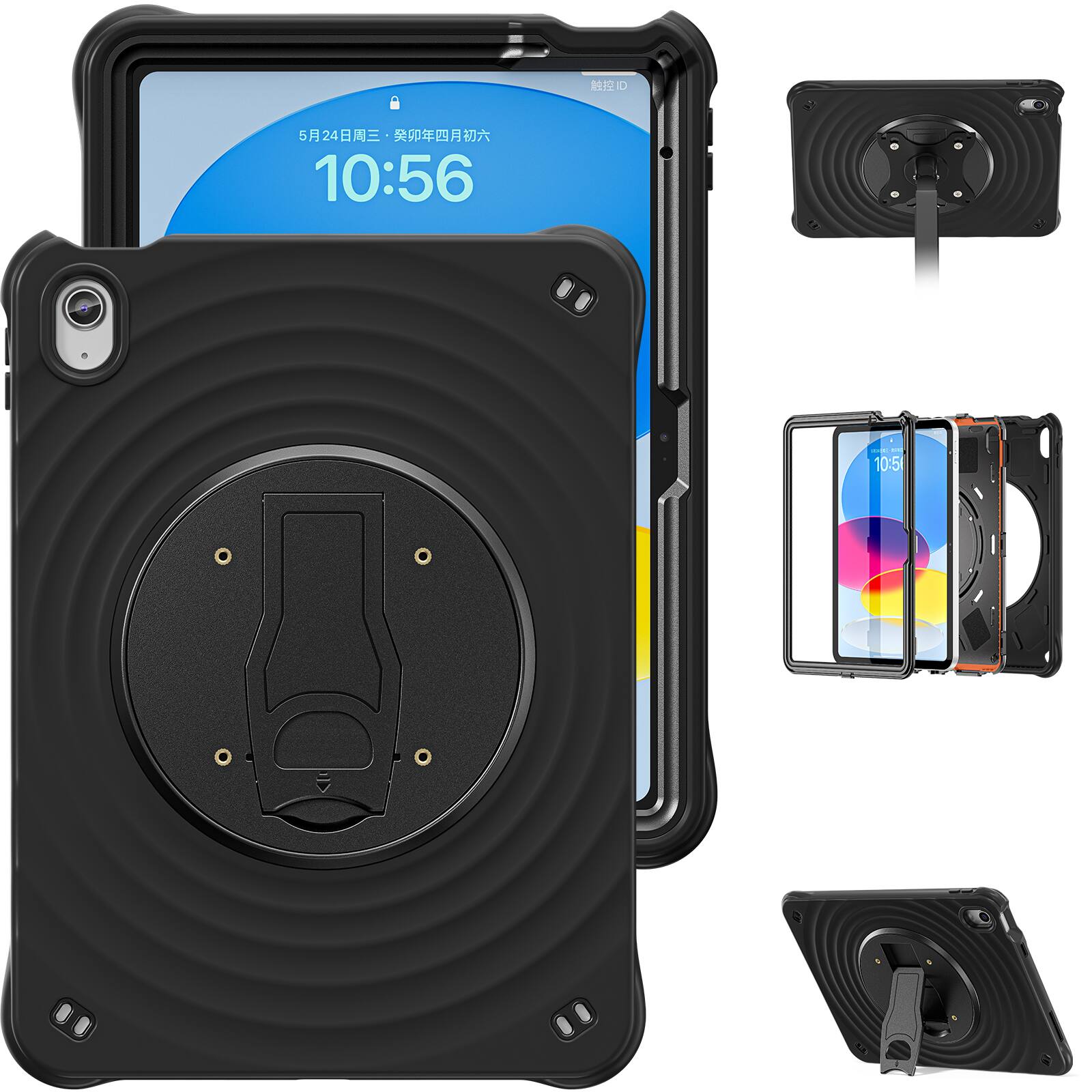 Dteck - Rugged Case for Apple iPad 11th(A16) 2025/ 10th Gen, VESA Mount Compatible , 3-Layer Heavy Duty Shockproof Stand Cover - Black