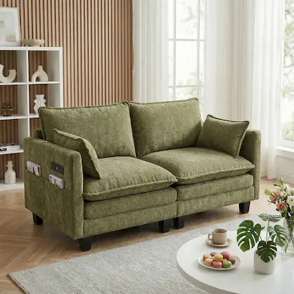 Front. Anysun - Modern Chenille Loveseat Sofa – 2-Seat Compact Couch with Dual USB Charging Ports and Side Pockets - Antique Light Green.