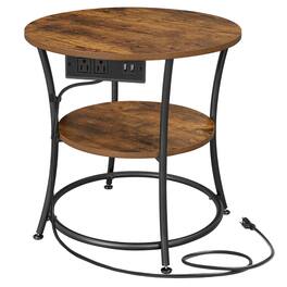 Songmics Home - Side Table, 2-Tier Round End Table with Power Outlets, Nightstand with Steel Frame for Small Spaces - Rustic Brown and Ink Black