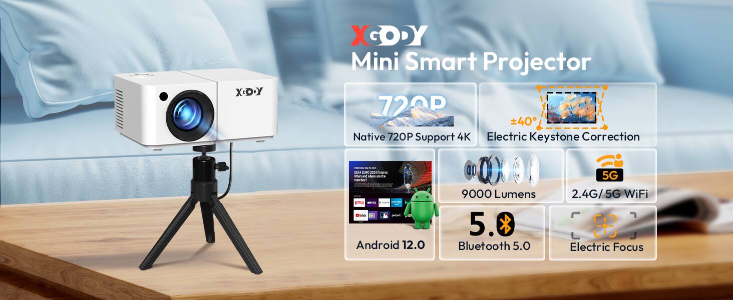 XGDY Mini Smart Projector  
720P  
Native 720P Support 4K  
Electric Keystone Correction  
9000 Lumens  
Android 12.0  
Bluetooth 5.0  
2.4G/5G WiFi  
Electric Focus  
5G