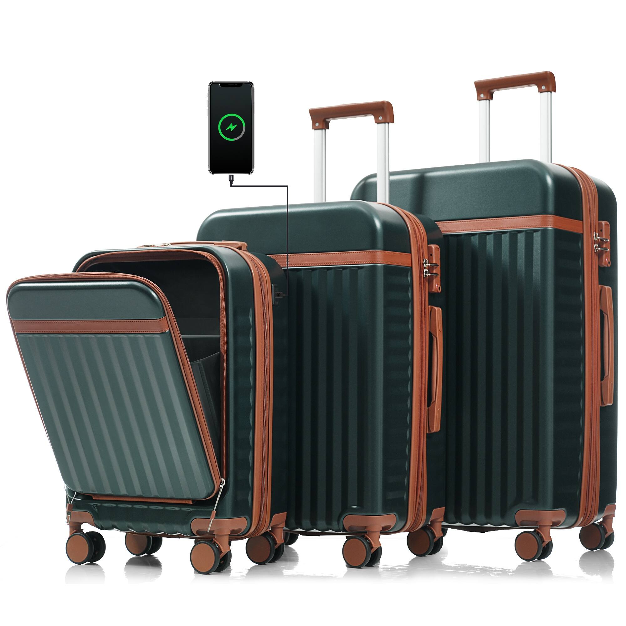 Front. Ecooso - 3-Piece ABS Hard Shell Luggage Set with USB Port, Front-Open 20" Carry-On, Spinner Wheels, TSA Lock - Dark Green.