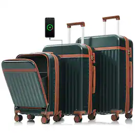 Ecooso - 3-Piece ABS Hard Shell Luggage Set with USB Port, Front-Open 20" Carry-On, Spinner Wheels, TSA Lock - Dark Green