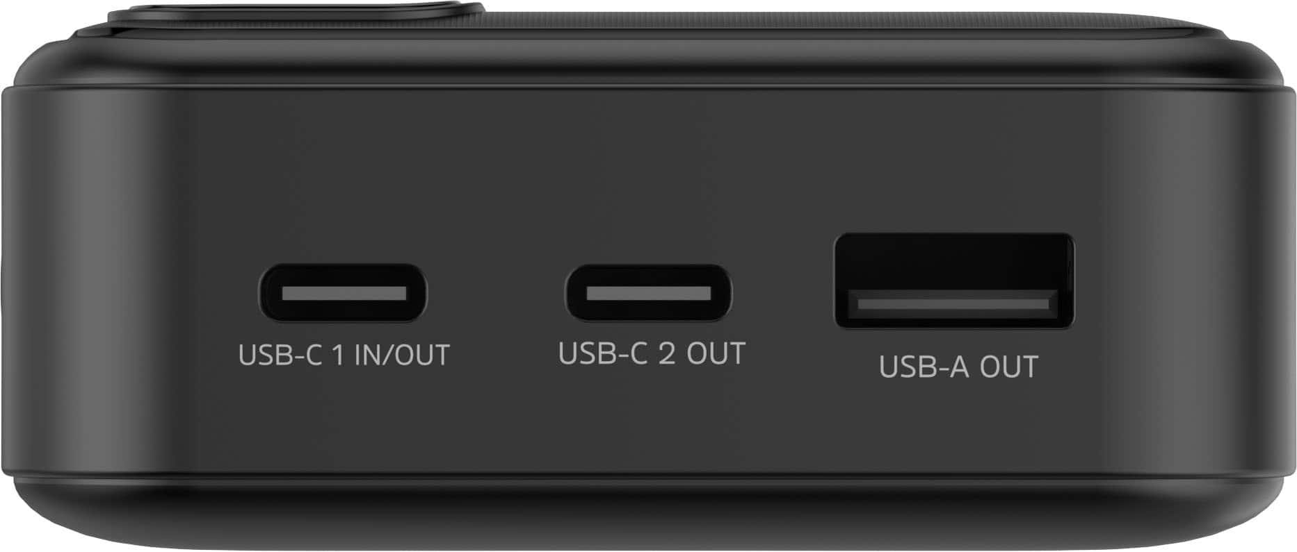The text on the image reads "USB-C 1 IN/OUT USB-C 2 OUT USB-A OUT."