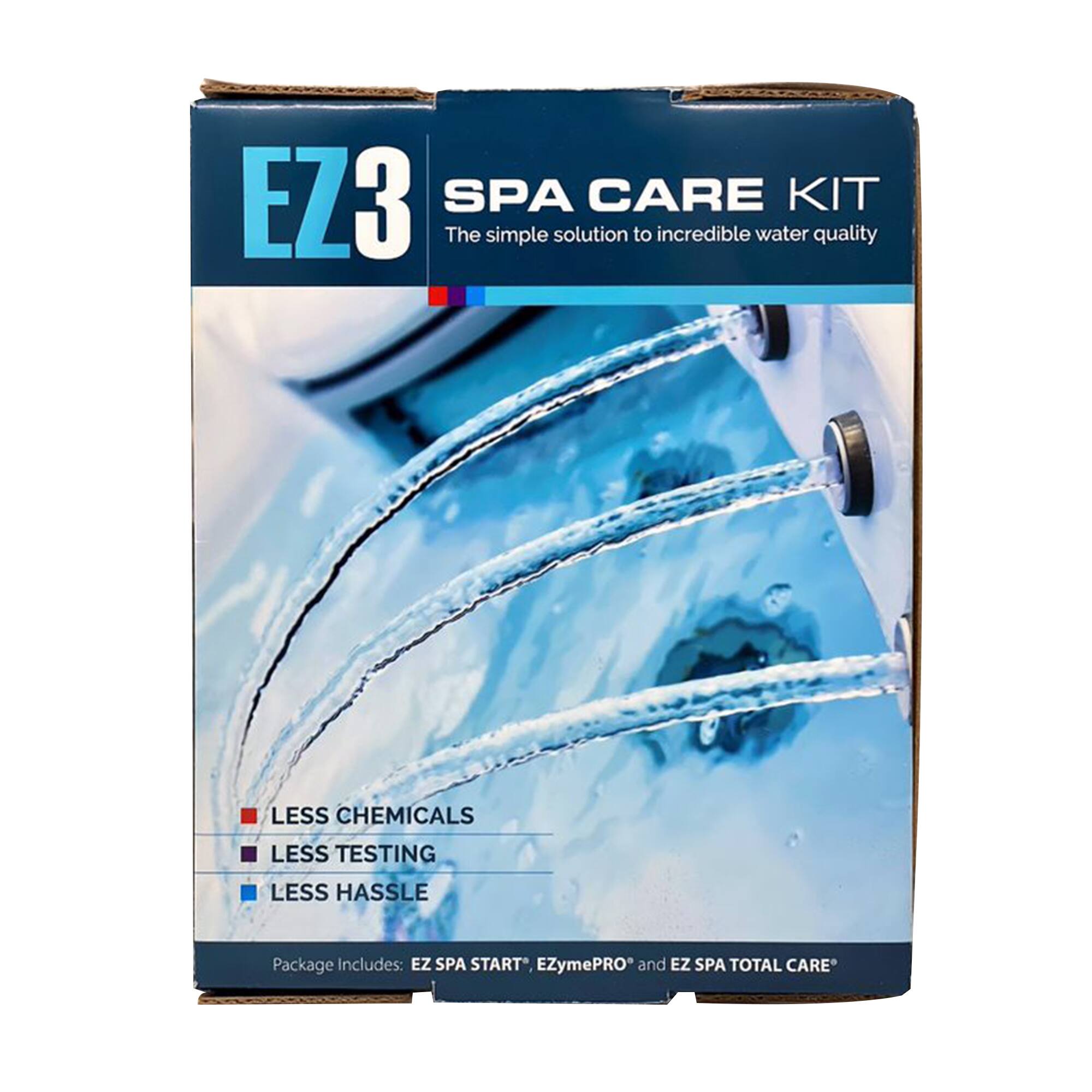 EZ3 SPA CARE KIT  
The simple solution to incredible water quality  

LESS CHEMICALS  
LESS TESTING  
LESS HASSLE  

Package Includes: EZ SPA START®, ZymePRO® and EZ SPA TOTAL CARE®