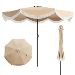 Costway - 9 FT Patio Umbrella with Fringe, Push Button Tilt, Crank, 8 Sturdy Ribs for Garden - Cream + White