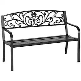 Outsunny - 50" Outdoor Bench, Metal Garden Bench with Floral Pattern Backrest, Porch Bench with Slatted Seat for Park, Yard, Lawn - Black