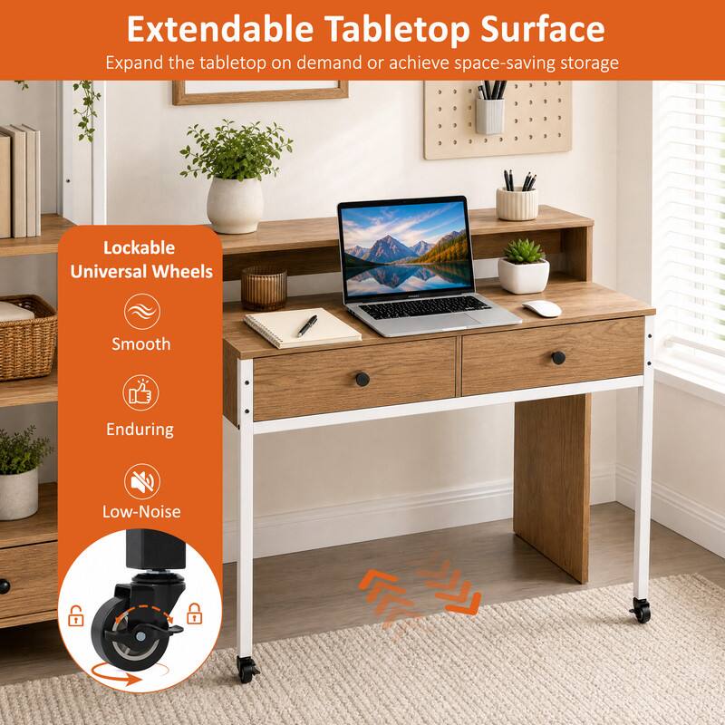 Extendable Tabletop Surface  
Expand the tabletop on demand or achieve space-saving storage  

Lockable Universal Wheels  
Smooth  
Enduring  
Low-Noise